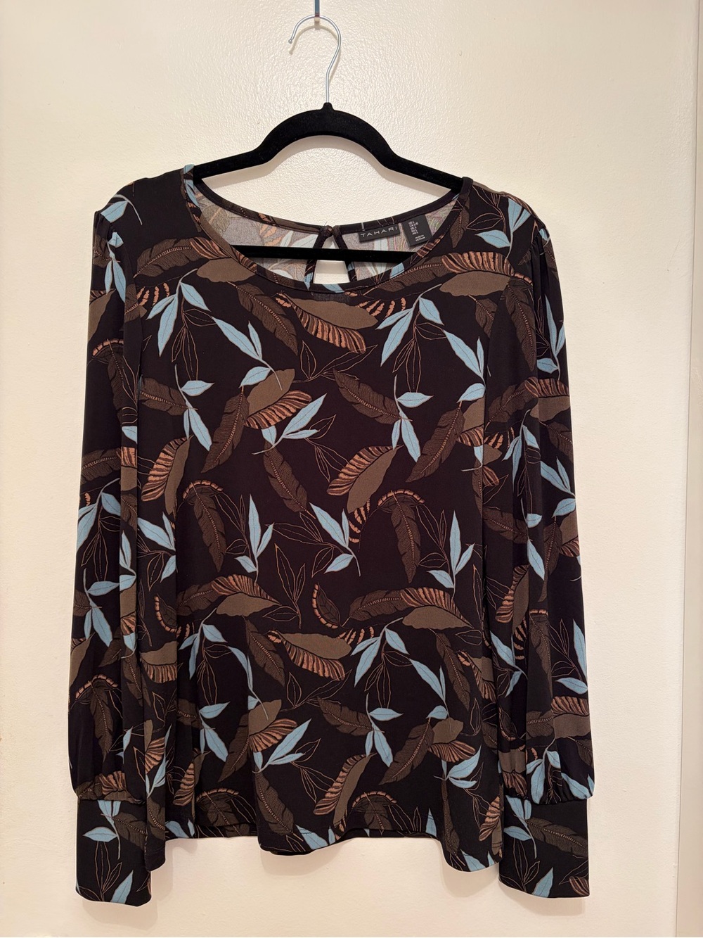 Tahari Black Tunic with Brown and Light Blue Leaf Print
